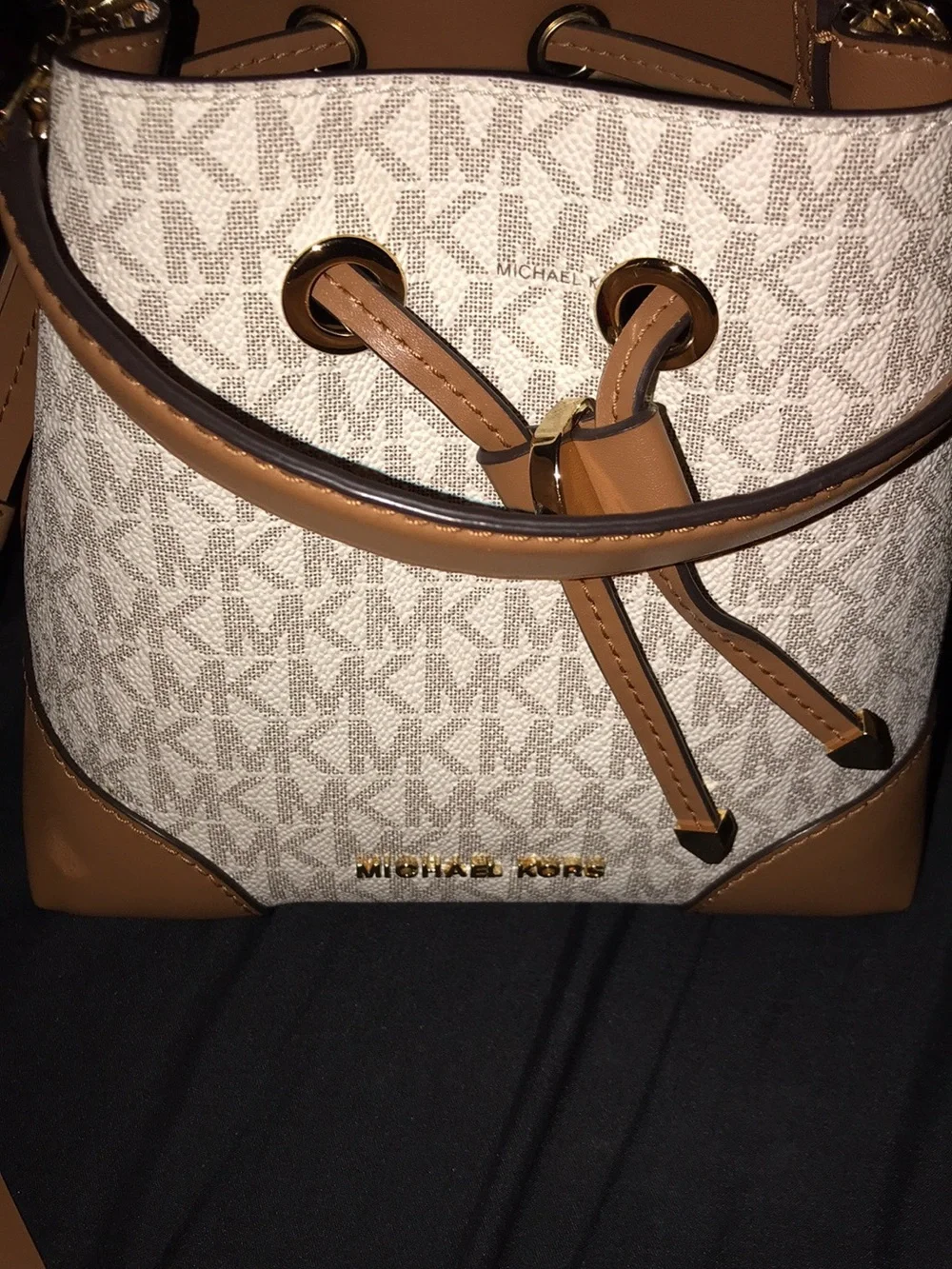 Michael Kors White & Tan Monogram Mini Drawstring Bucket Bag